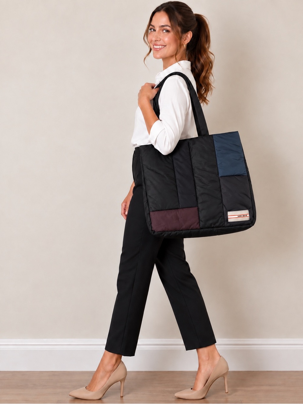 Padded Colorblock Tote Bag in Black, Navy & Plum